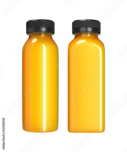 Orange fruit juice bottle mockup. Square and round plastic bottle isolated on white background. 3D-rendering.