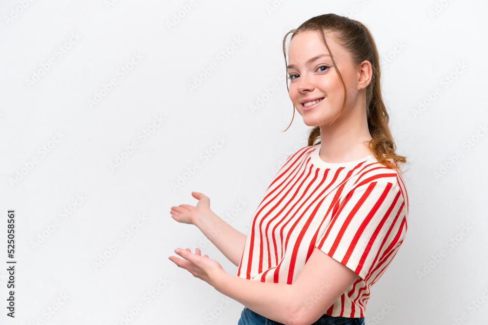 Young caucasian girl isolated on white background extending hands to the side for inviting to come Young caucasian girl isolated on white background extending hands to the side for inviting to come