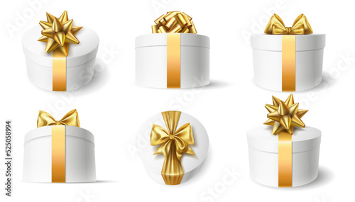 Collection Gift white box in a gold ribbon and bow on top. Holiday, gift round box. New Year and Christmas design. Vector illustration.
