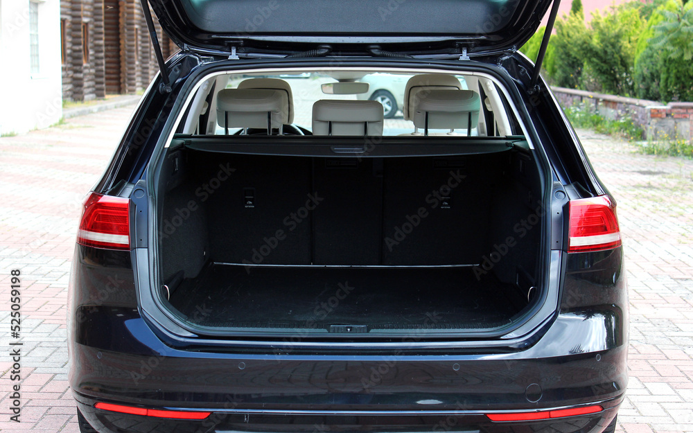 Modern car with open empty trunk. Modern wagon car open trunk. Car boot is open.