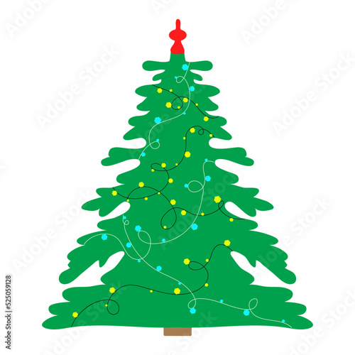 beautiful lush Christmas tree with garlands and yellow and blue lights