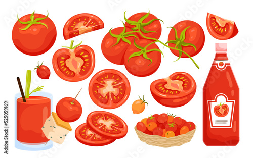 Tomato set, food ingredient vector illustration. Cartoon isolated whole organic vegetable with green leaf, cut in half, wedges and slices, bottle of red ketchup and wicker plate with cherry tomatoes