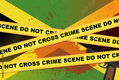Jamaica armed attack vector banner, shooting news concept, armed assault with gun and blood stain on flag