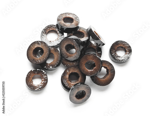 Heap of cut black olives isolated on white background