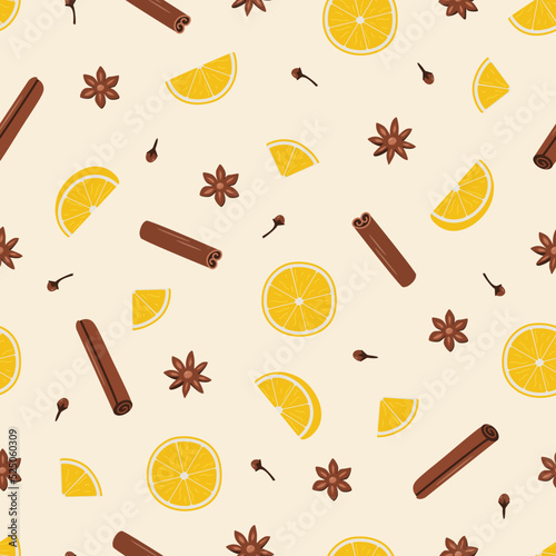 Seamless pattern of orange cinnamon anise and clove. Vector illustration of ingredients for mulled wine, winter spices background.
