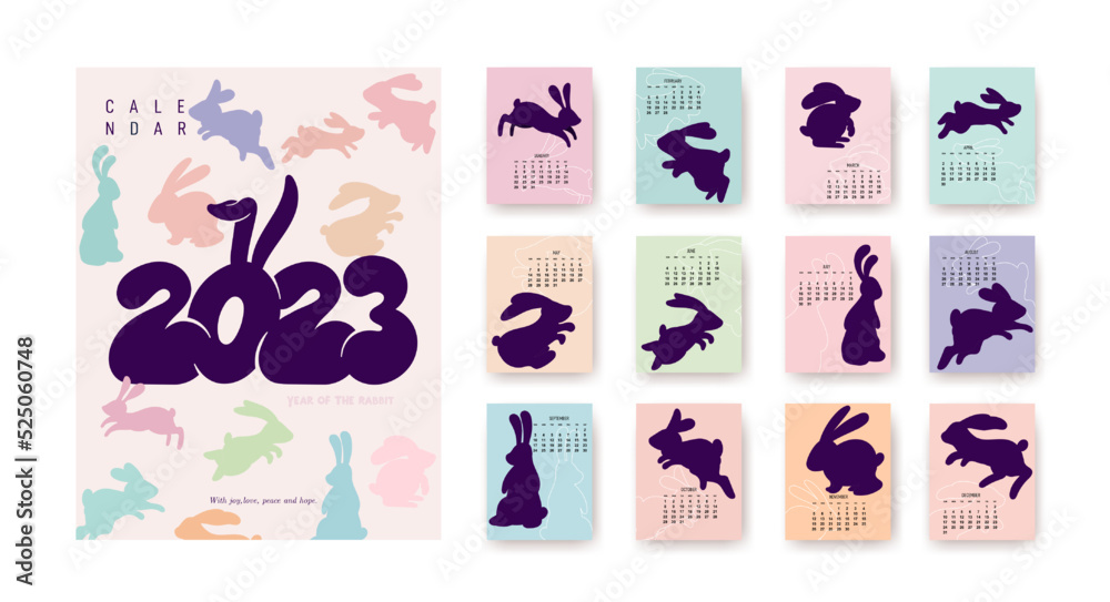 Obraz premium Calendar 2023 with various rabbits, planner organizer. Colorful covers and 12 month pages bunny in different styles, character mascot symbol year. Set of Flat cartoon template, cute vector hare.