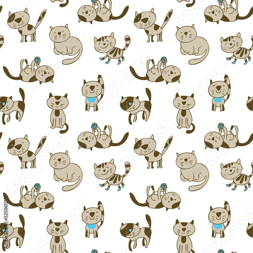 Vector pattern with funny hand drawn cats. Animals vector seamles background with adorable kitties.