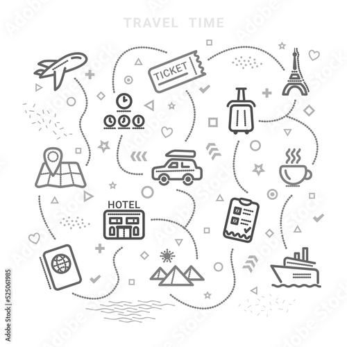 Travel, vocation ikons for web development apps, websites, infographics, design elements. Concept of travelling with train, car, cruise ship, plane, suitcase, camera, backpack, map, ticket, passport,  photo