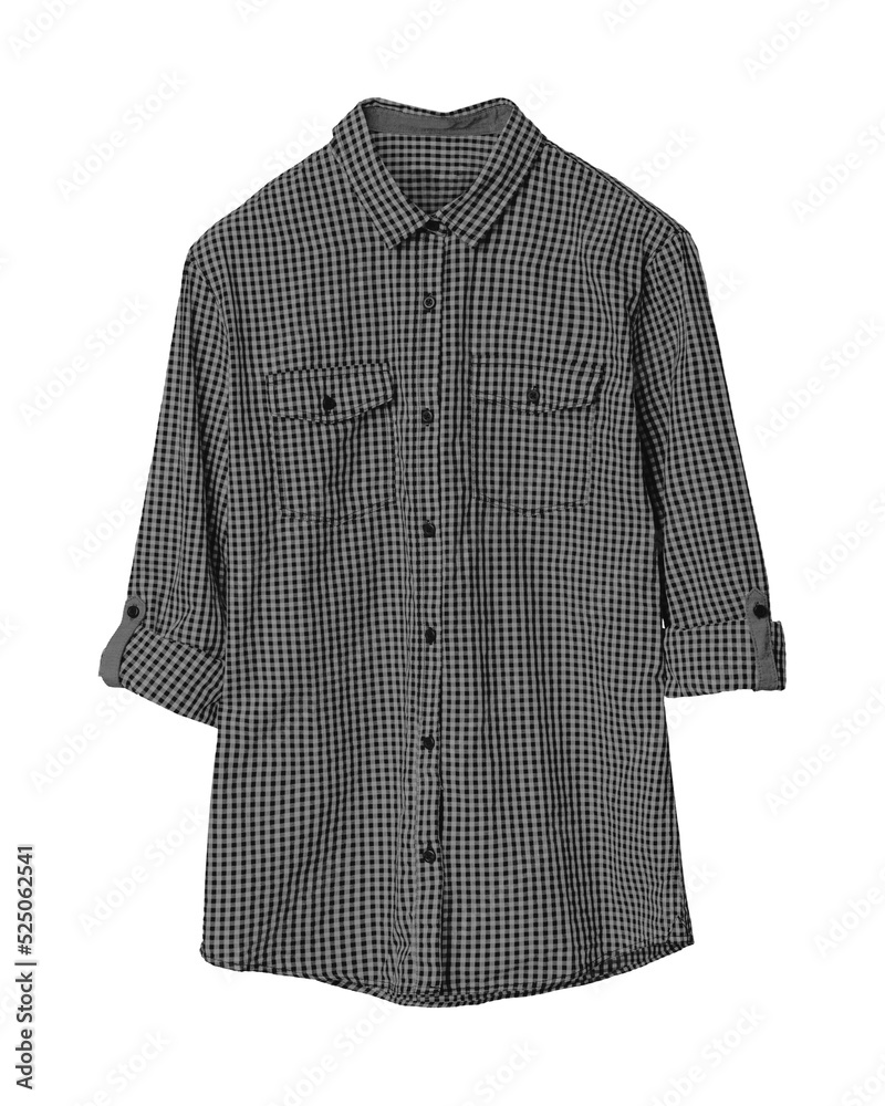 Gray summer casual checkered shirt with rolled up sleeves isolated on white background Gray summer casual checkered shirt with rolled up sleeves isolated on white background