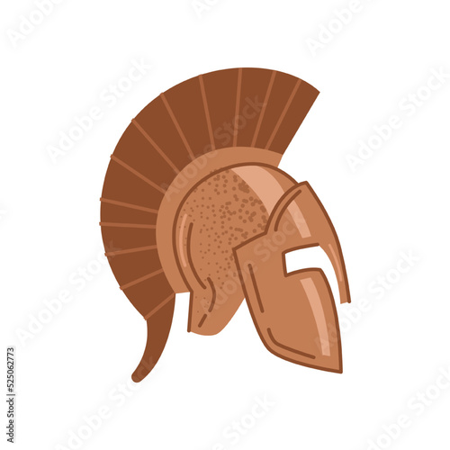 Weapon of ancient warrior or Spartan fighter, isolated helmet of combatant in Roman or Greek times. Antique culture, battles and fights. Vector in flat style