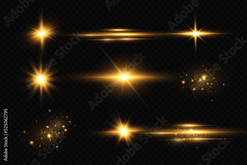 Shining golden stars. Light effects, glare, glitter, explosion, golden light. Vector illustration.