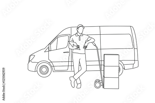 Drawing of male courier with delivery van with boxes and a hand truck isolated on white background. Line art style