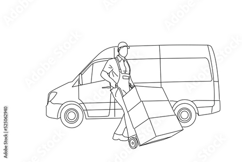 Cartoon of male delivery man wear uniform pushing a hand truck loaded with boxes in front of van isolated on white background. Outline drawing style art