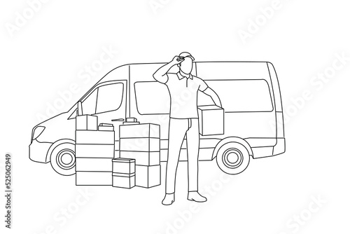 Illustration of delivery man with a van holding a cardboard box and greeting. Oneline art drawing style