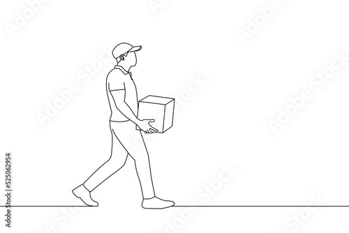 Cartoon of delivery man carrying packages and walking. Line art style
