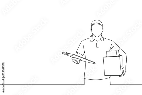 Cartoon of deliveryman with boxes and clipboard. Oneline art drawing style