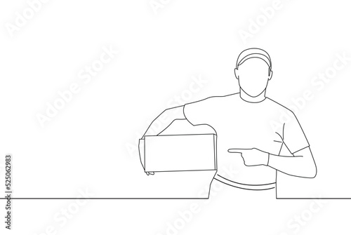 Illustration of delivery man employee hold cardboard package box and pointing it. One line art
