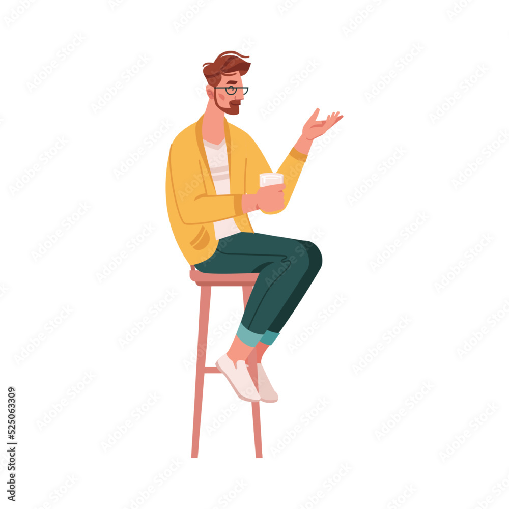 Male personage sitting on barstool, drinking beer and talking. Isolated bearded man wearing glasses partying or hanging out. Vector in flat style, flat cartoon character