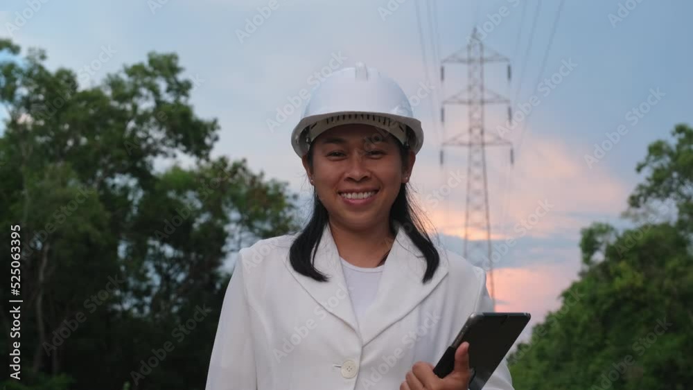 Asian female electrical engineer holding tablet and smiling on high voltage pole background. Asian female electrical engineer holding tablet and smiling on high voltage pole background.