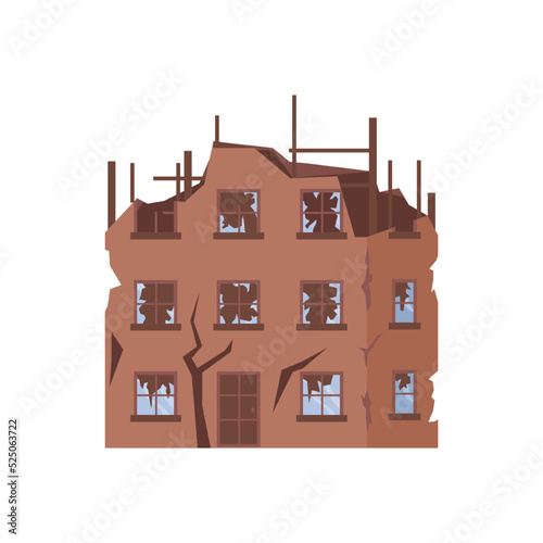 Demolished multi story building and residential house, destroyed home and architectural construction and sight. City, town, or metropolis with damage done. Vector illustration