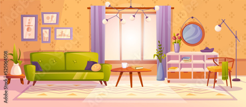 Interior of cozy living room, sofa and coffee table with houseplant. Wide window with curtains, functional apartment, design of comfortable space. Vector in flat style