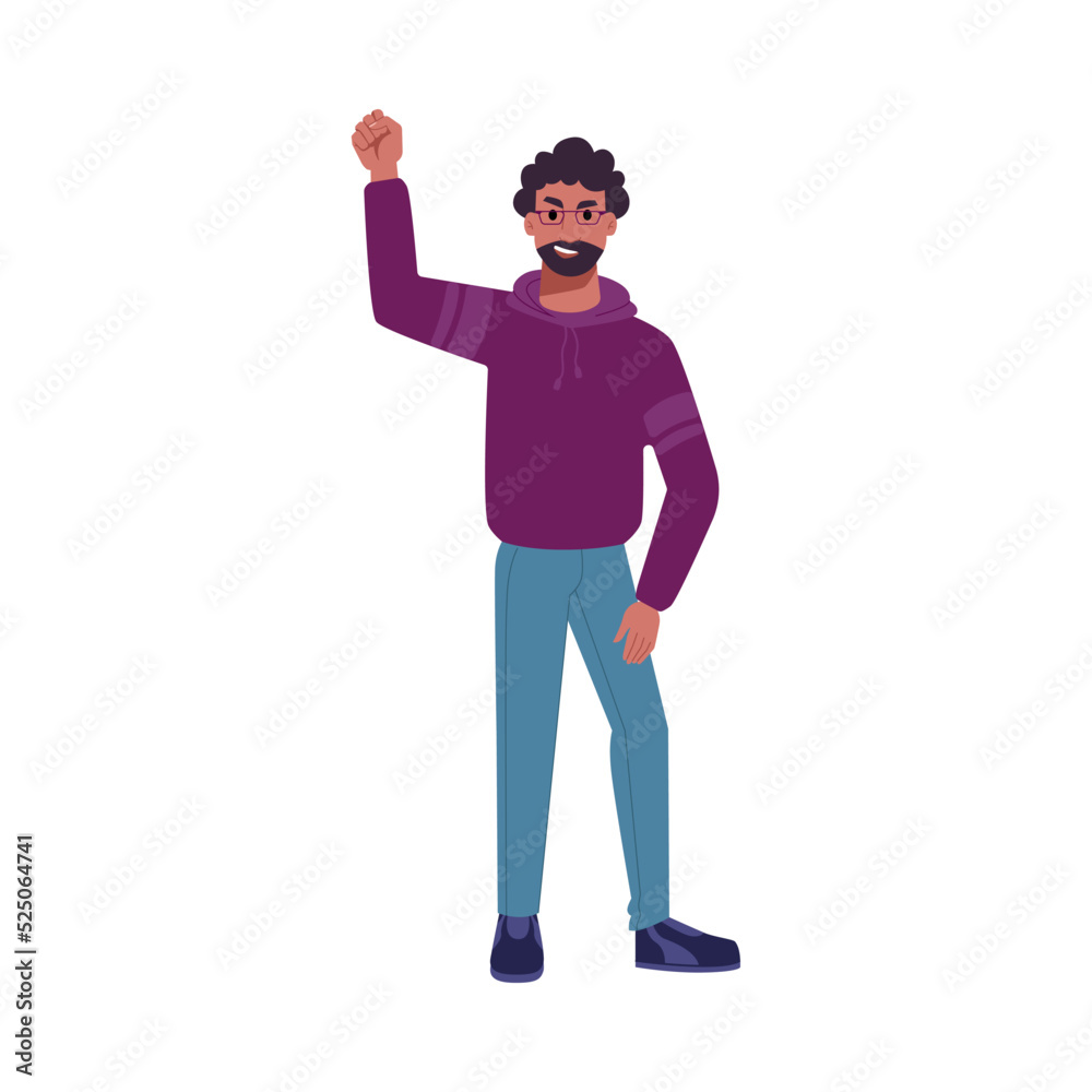 Protester activist with raised fist flat cartoon character. Vector afro american baearded man on revolution movement, protesting person on strike. Man at demonstration Protester activist with raised fist flat cartoon character. Vector afro american baearded man on revolution movement, protesting person on strike. Man at demonstration