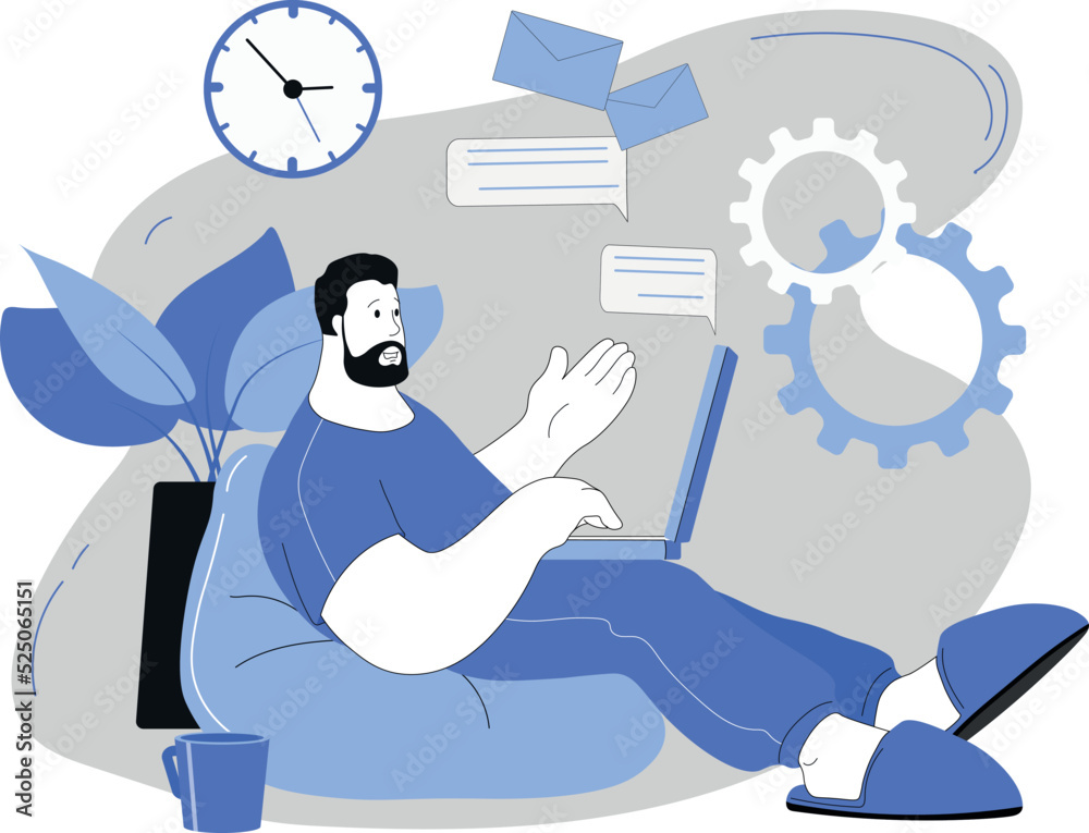 A man works from home in home clothes. Remote work on the Internet. Freelancer discussing online terms of reference. Vector illustration of cozy coworking A man works from home in home clothes. Remote work on the Internet. Freelancer discussing online terms of reference. Vector illustration of cozy coworking