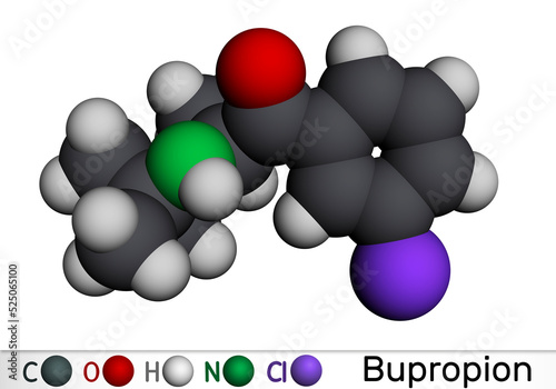 Bupropion molecule. It is aminoketone antidepressant, used in therapy of depression and smoking cessation. Molecular model. 3D rendering photo