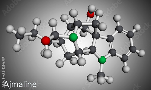 Ajmaline molecule. It is alkaloid, antiarrhythmic used to manage a variety of forms of tachycardias. Molecular model. 3D rendering photo