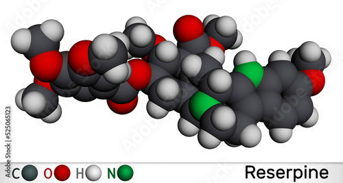 Reserpine alkaloid molecule. It is antihypertensive drug, used for the treatment of high blood pressure. Molecular model. 3D rendering photo