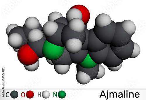 Ajmaline molecule. It is alkaloid, antiarrhythmic used to manage a variety of forms of tachycardias. Molecular model. 3D rendering. photo