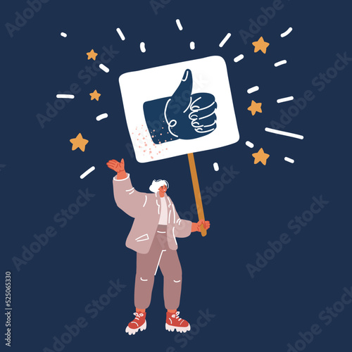 Cartoon vector illustration of woman holding thumb up approval sign on placart in her hands photo