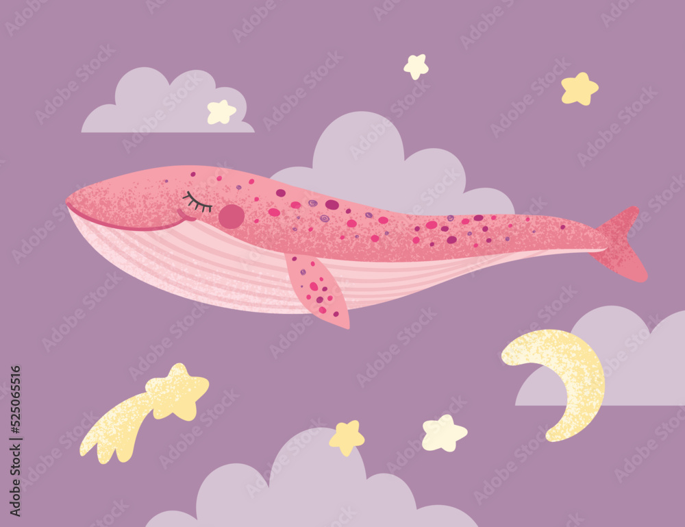 Surreal scene of pink whale swimming in the starry sky. Vector fantasy illustration