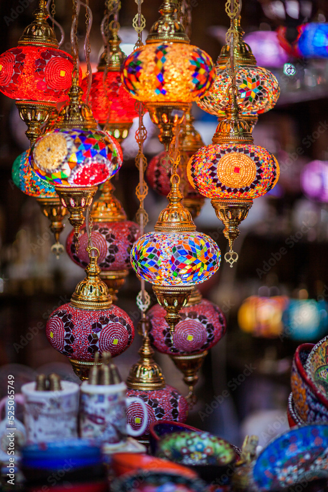 Oriental turkish lanterns close up photo. Bright backgrounds.