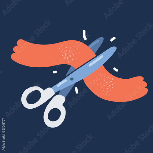 Cartoon vector illustration of scisser cutting red ribbon close-up, new project, opening ceremony, photo