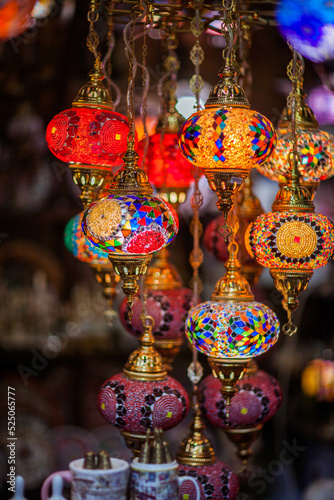 Oriental turkish lanterns close up photo. Bright backgrounds.