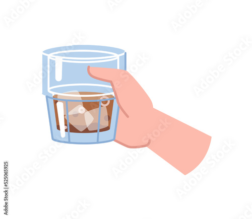 Hand cheers with whiskey or rum alcohol drink. Vector illustration cold rum, cocktail with cola and brandy, irish bourbon whiskey in bartender hand
