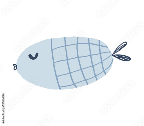 Cute hand drawn fish. Blue bif animal with dark blue pattern.