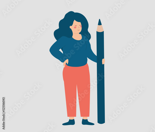 Confident business Woman holds a big pencil. Blogger young female content writer or community manager stands with pencil. Blogging and copywriting services concept. illustration of proofreader. Vector photo