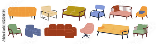 Set of different retro and modern comfortable armchairs and sofas. Soft furniture for cozy home decoration. Hand drawn vector illustration isolated on white background. Modern flat cartoon style