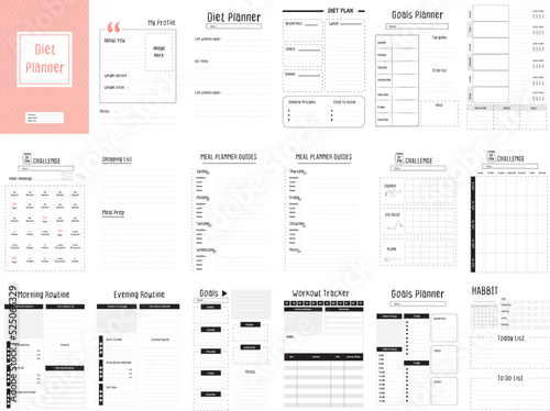 Diet Planner, this planner contains Diet planner, water tracker, workout challenge, meal planner guide, routine and habit tracker, with goals planner too photo