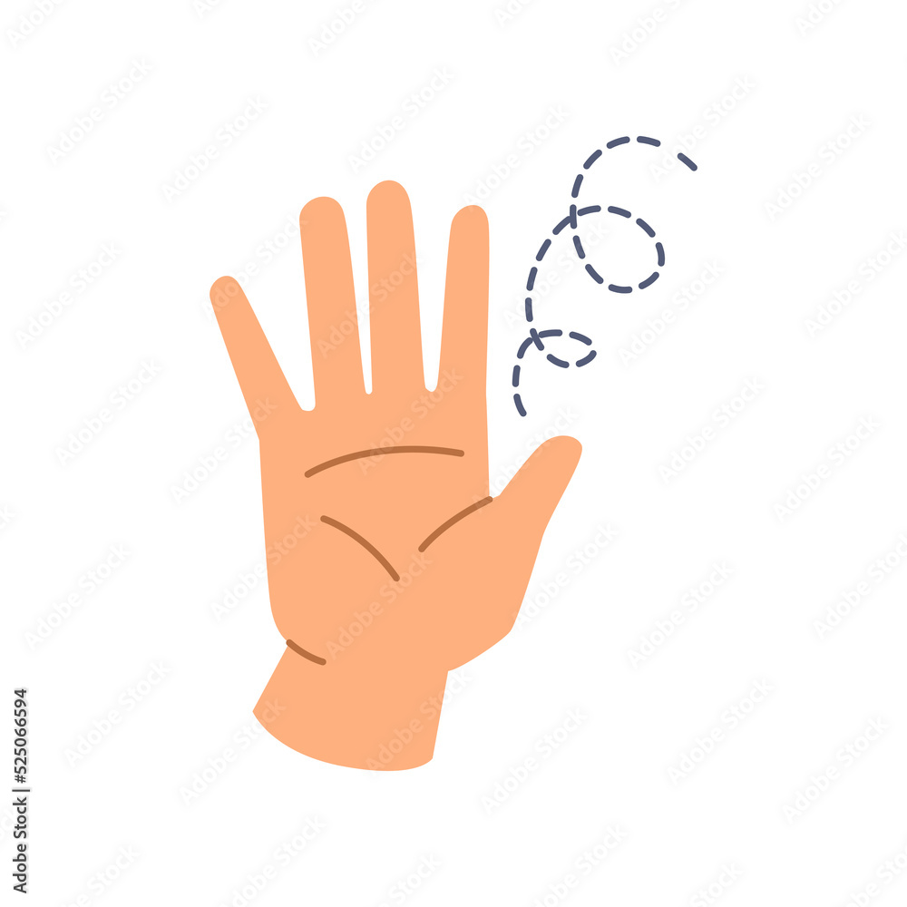 Waving hand gestures, greeting or saying goodbye. Stop sign, denial or prohibition, symbol of refusal. Stretched palm and fingers. Flat cartoon, vector in flat style Waving hand gestures, greeting or saying goodbye. Stop sign, denial or prohibition, symbol of refusal. Stretched palm and fingers. Flat cartoon, vector in flat style