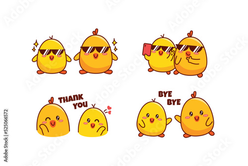 Set of cute couple little duck or little chick for social media sticker emoji wearing sunglasses take a picture say thank you and bye bye emoticon