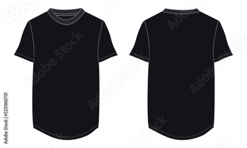 Short Sleeve t shirt technical fashion flat sketch vector illustration Black Color template front and back views. Apparel design mock up card easy edit and customizable