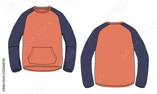 Two tone Color Long sleeve sweatshirt technical fashion flat sketch vector illustration template front and back views. Cotton fleece jersey Winter clothing design mock up cad