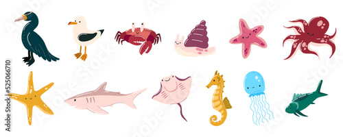 Underwater marine life, Cute sea animals. Children cartoon octopus, crab, albatross, cormorant, shark, fish, jellyfish, star fish, sea horse, stingray, snail. Vector illustration on a white background