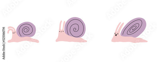 Snail. Cute hand drawn snail character. Children kawaii marine water snail emotions. Vector illustration on a white background.