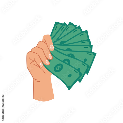 Green dollar banknotes in hand, isolated palm with paper money for paying. Giving loan, saving financial assets or exchanging, wealthy person with cash. Flat cartoon style vector illustration