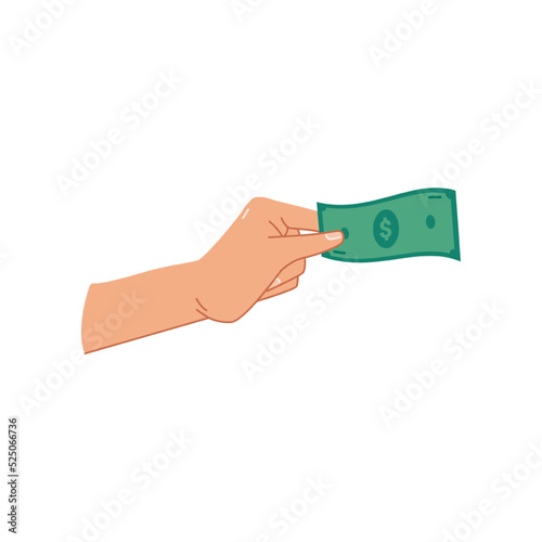 Green dollar banknotes in hand, isolated palm with paper money for paying. Giving loan, saving financial assets or exchanging, wealthy person with cash. Flat cartoon style vector illustration