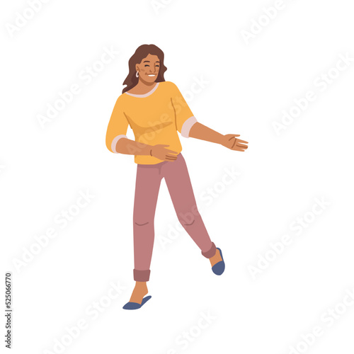 Cheerful female character with smile on face, happy lady wearing casual clothes. Girl teenager or older lady with funny expression on face. Flat cartoon, vector in flat style